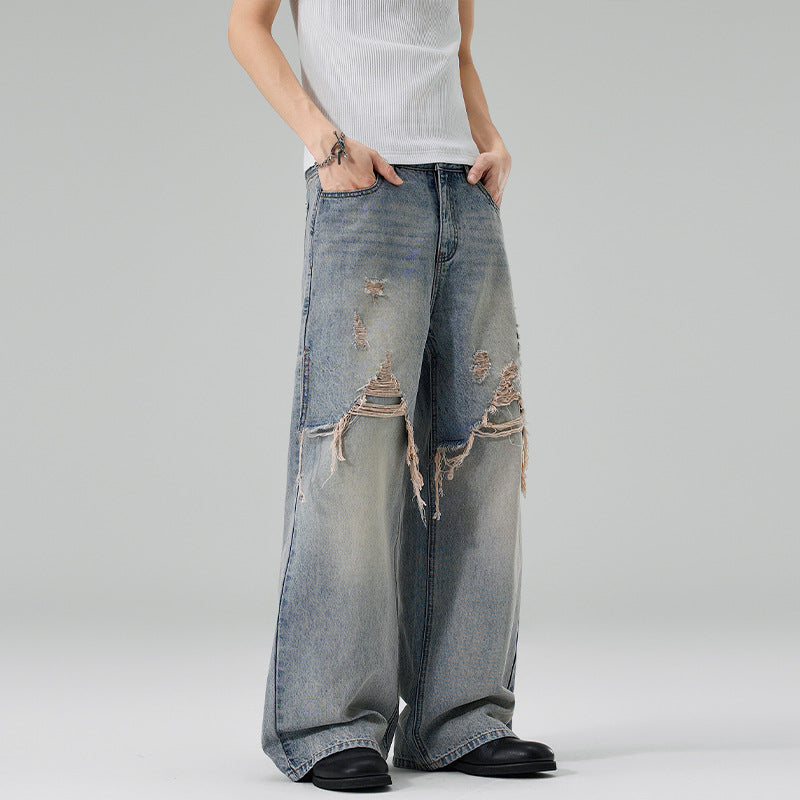 Men's Loose Baggy Jeans made of Denim with Frayed Front Panels Mune Fashion