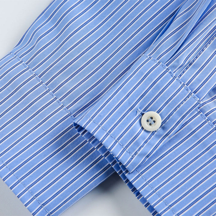 Women's oversized shirt with fine pinstripes, chest pocket, and classic Kent collar Mune Fashion