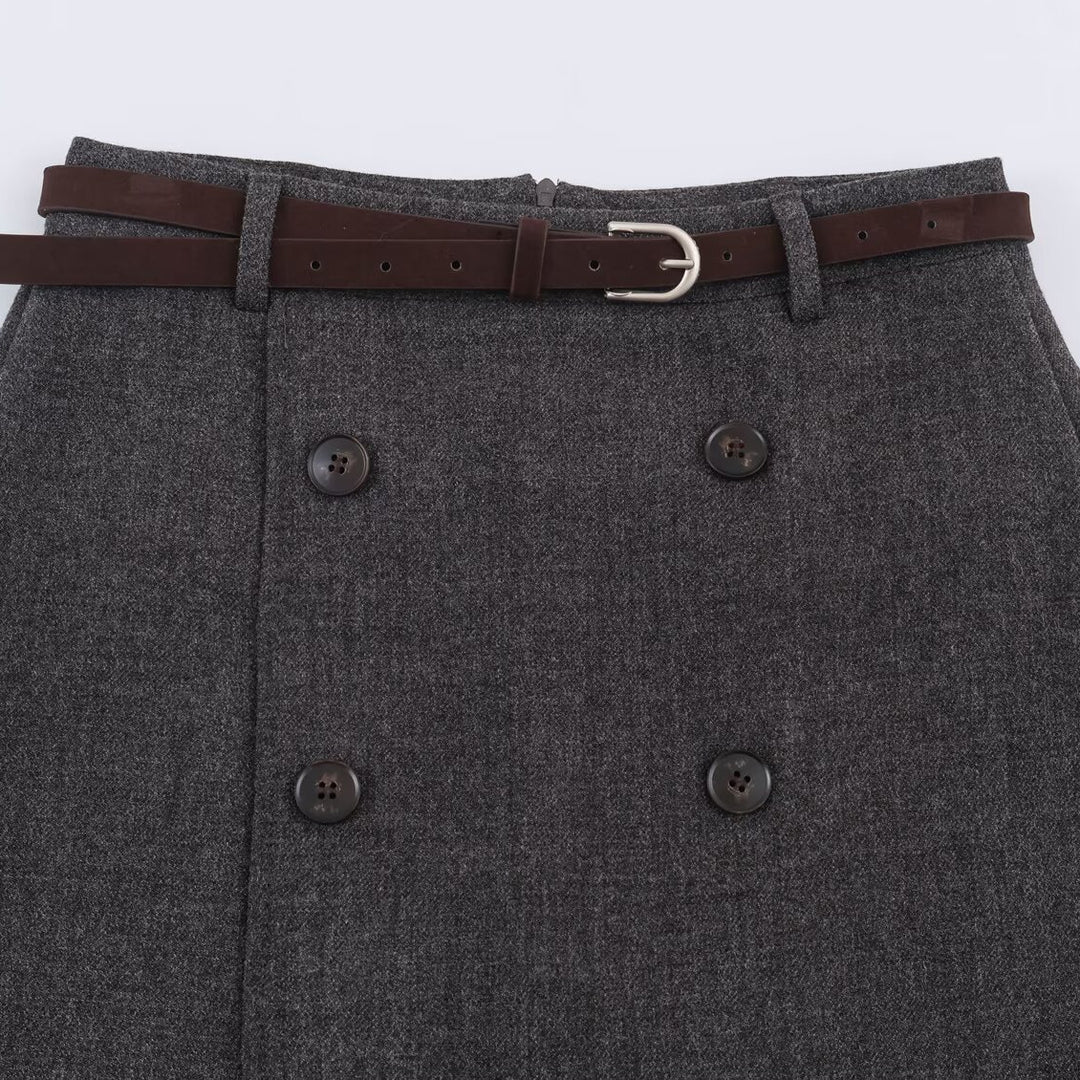 Women's midi skirt in A-line cut with double-breasted button placket and waist belt Mune Fashion