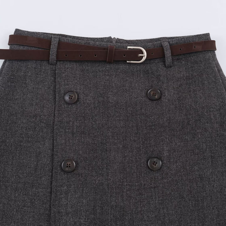 Women's midi skirt in A-line cut with double-breasted button placket and waist belt Mune Fashion