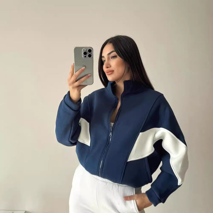 Women Short Cut Stand Collar Zipper Hoodie in Color Block Sports Style Mune Fashion