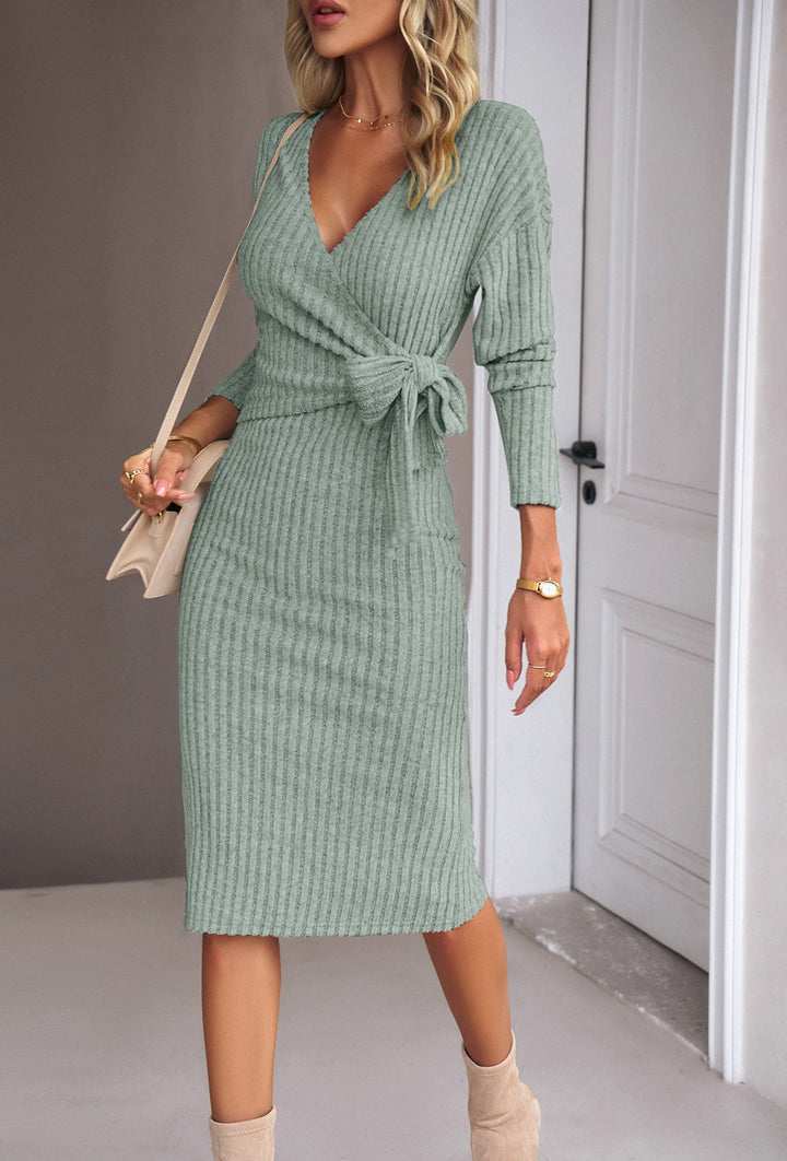Ladies ribbed wrap midi dress with waist bow Drune