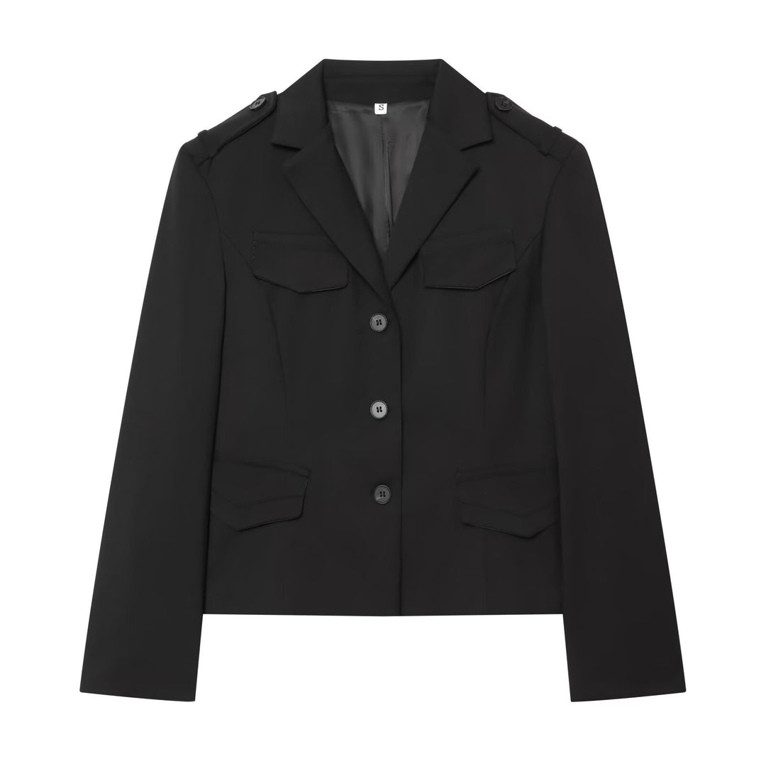 Women's Cropped Military-inspired Short Blazer with Shoulder Pads and Flap Pockets Mune Fashion