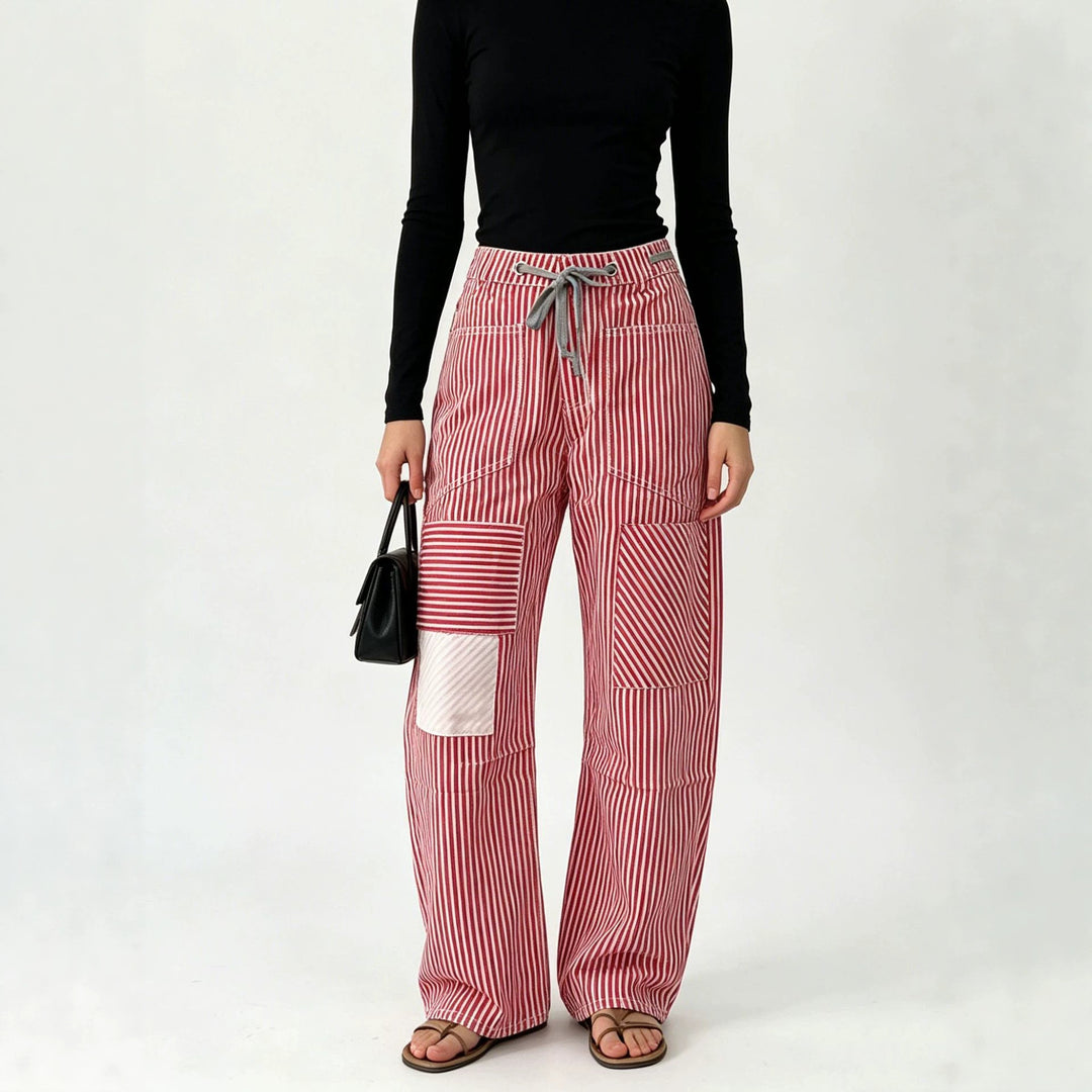 Women nan High-Waist Relaxed Pants with vertical stripe pattern, patch knee patches and drawstring Mune Fashion