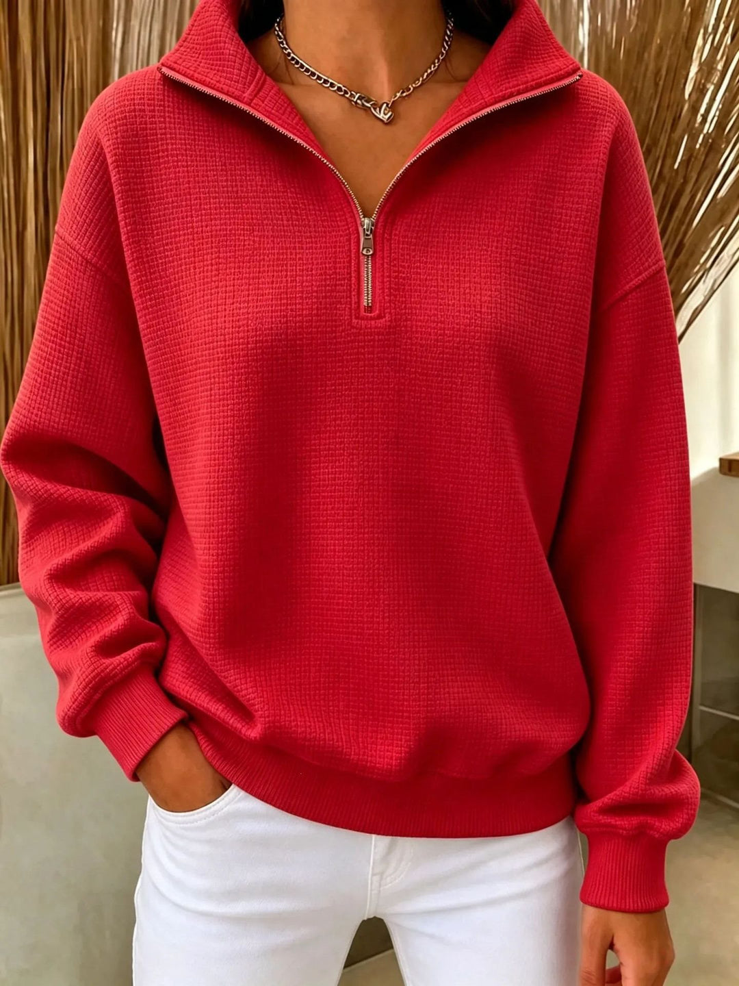 Women's Quilted Fleece Pullover with Half Zipper and Stand-Up Collar Mune Fashion