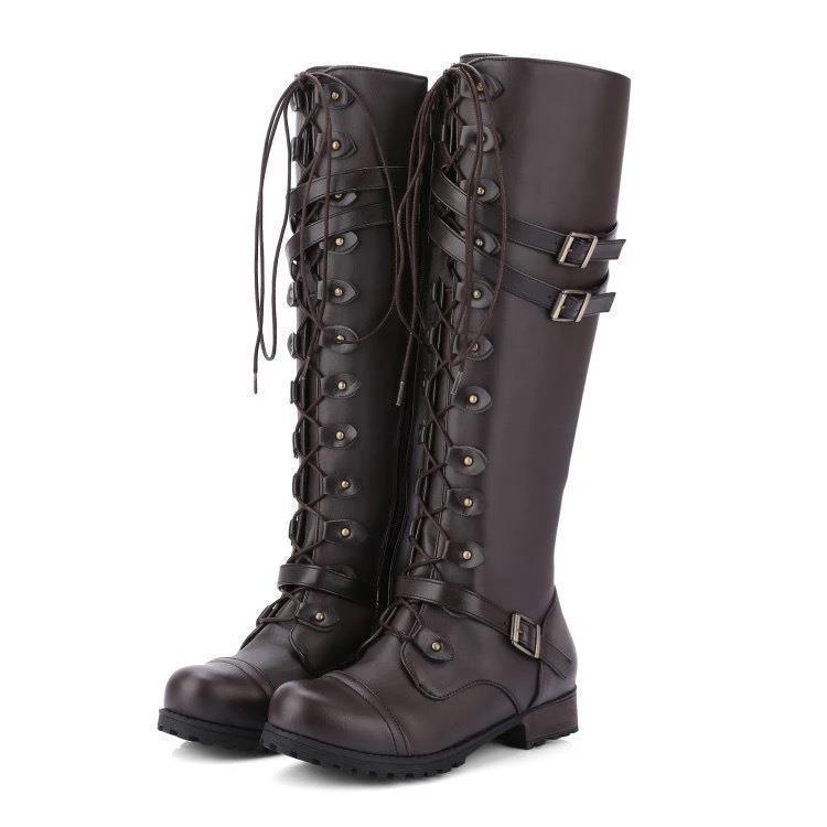 Women's knee-high lace-up boots with adjustable decorative buckles and robust tread sole Mune Fashion