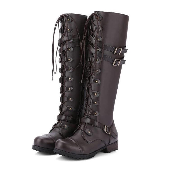 Women's knee-high lace-up boots with adjustable decorative buckles and robust tread sole Mune Fashion