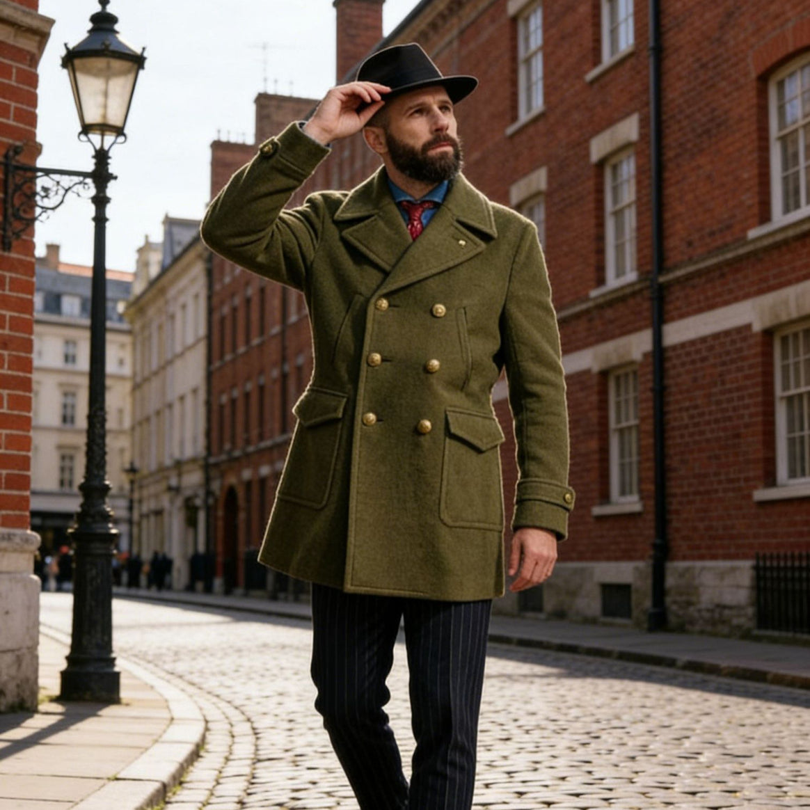 Men's Double-Breasted Wool Coat in Navy Style with Golden Buttons Mune Fashion