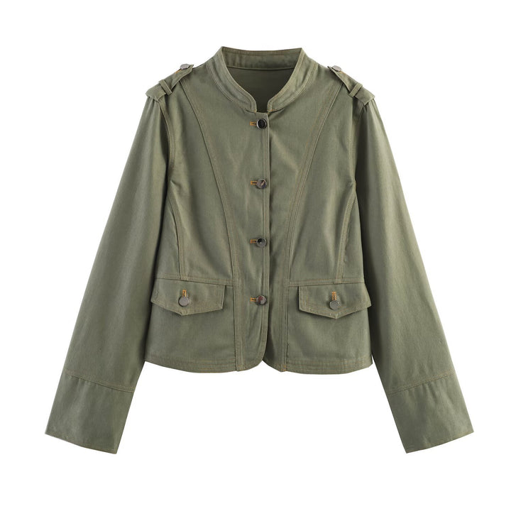 Women’s Utility Field Jacket with Stand-Up Collar, Shoulder Patches, and Flap Pockets Mune Fashion
