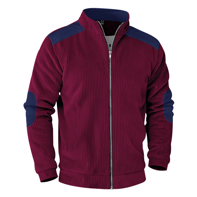 Men's ribbed stand-up collar sweat jacket with full zip, shoulder and elbow patches Mune Fashion