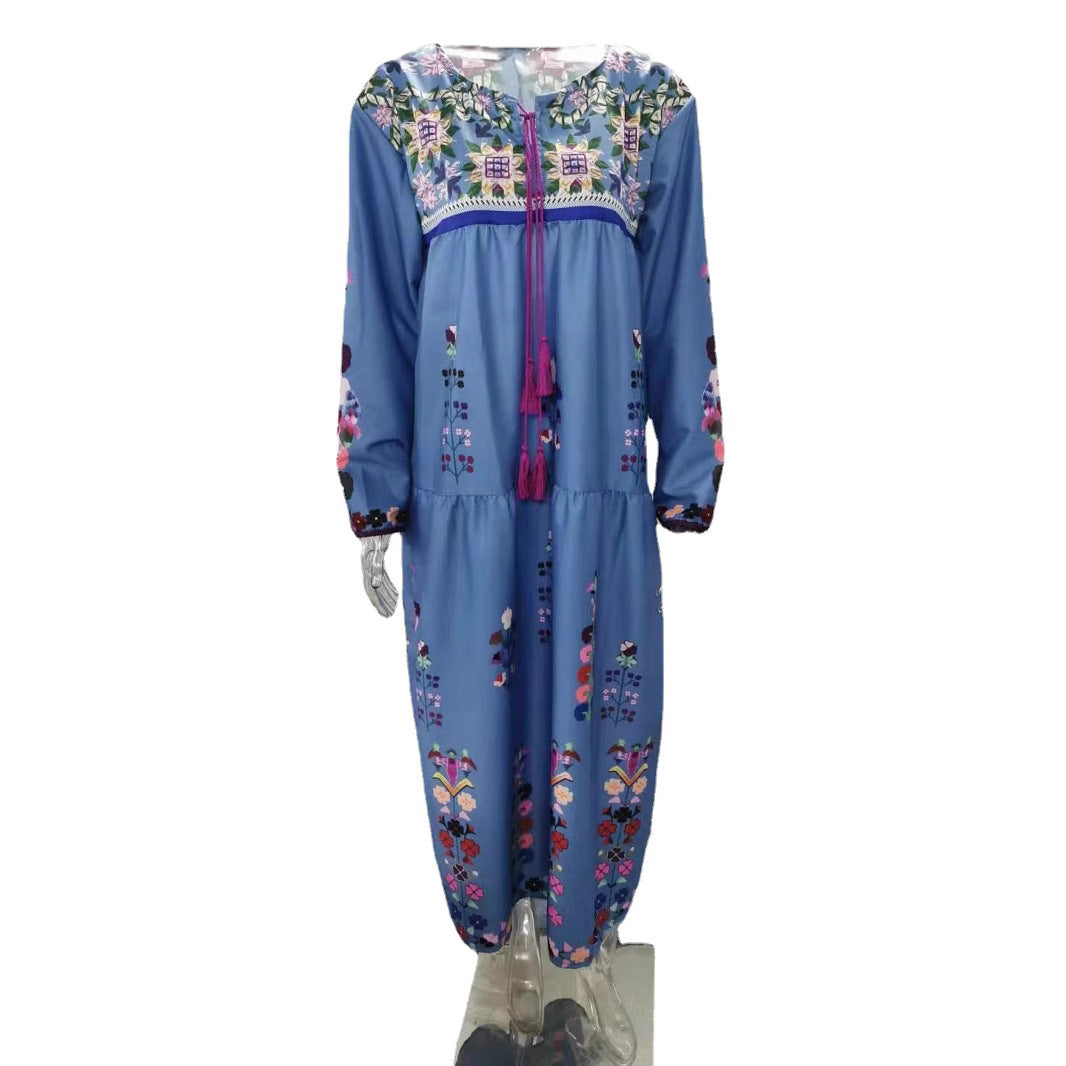 Ladies embroidered maxi dress with long sleeves, tassel closure and folkloric embroidery Mune Fashion