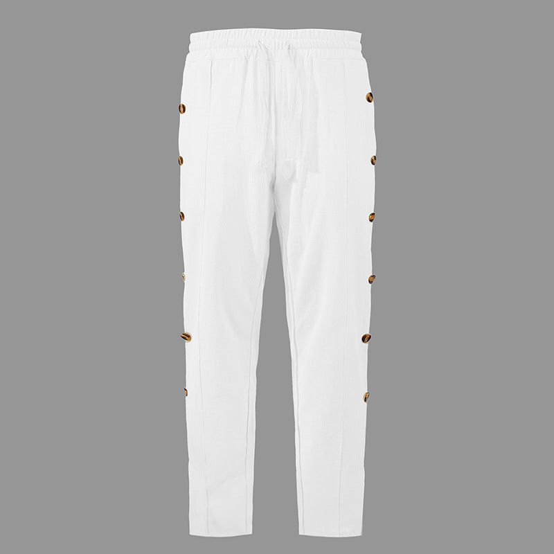 Men's Relaxed-Fit Casual Pants with Side Decorative Button Plackets, Elastic Waistband and Drawstring Mune Fashion