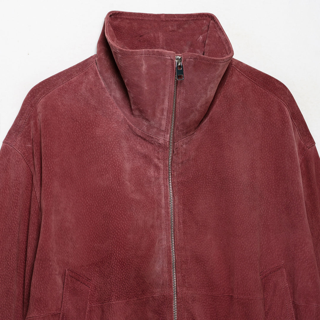 Women's Suede Look Bomber Jacket with High Funnel Collar and Elastic Cuffs