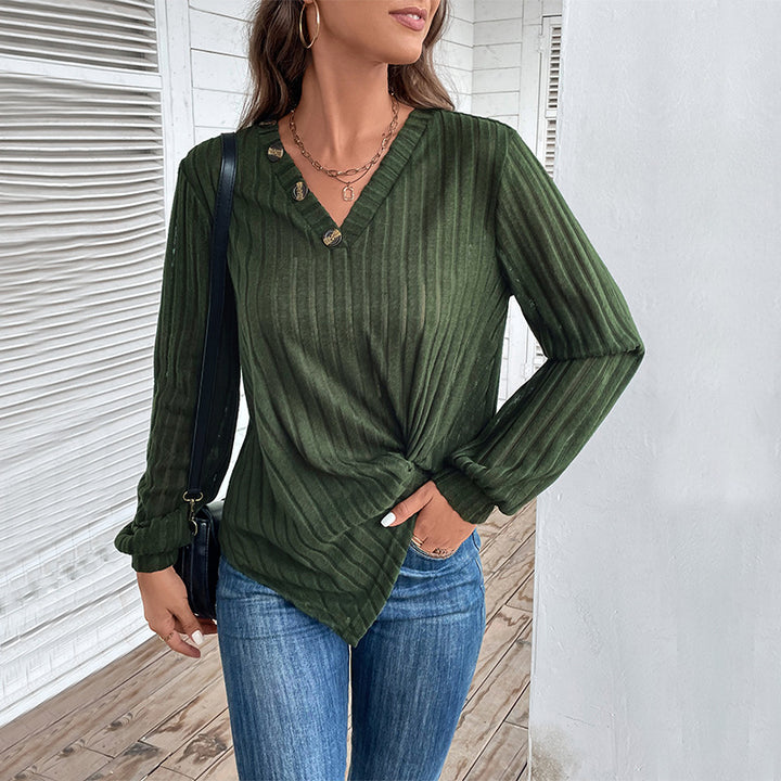 Women Ribbed V-Neck Long Sleeve Shirt with Twist Knot and Decorative Buttons Mune Fashion