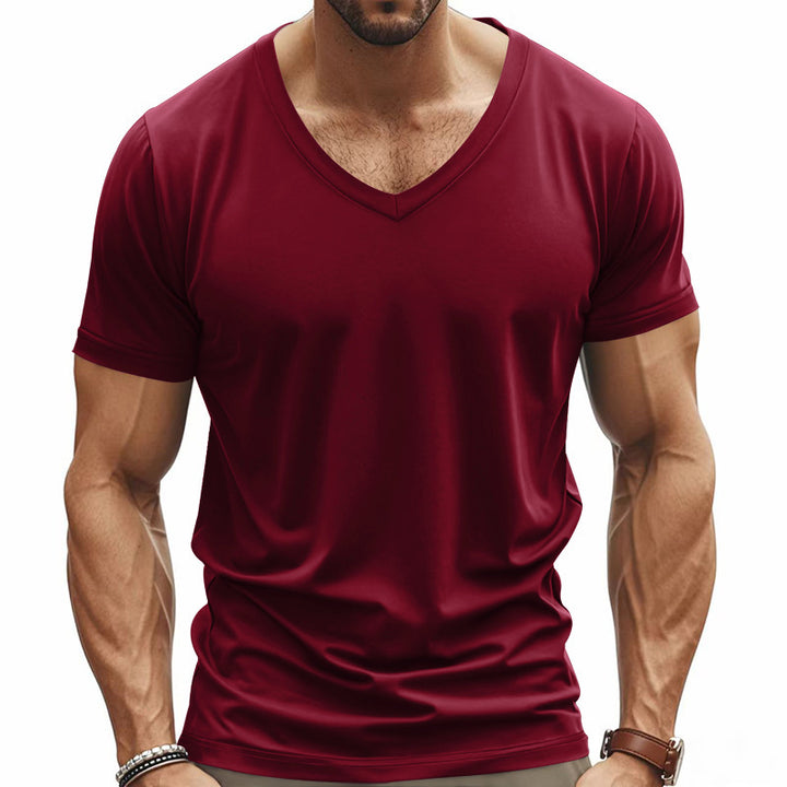 Men's V-neck T-shirt made of stretch cotton with ergonomic shoulder cut and flat hem Mune Fashion