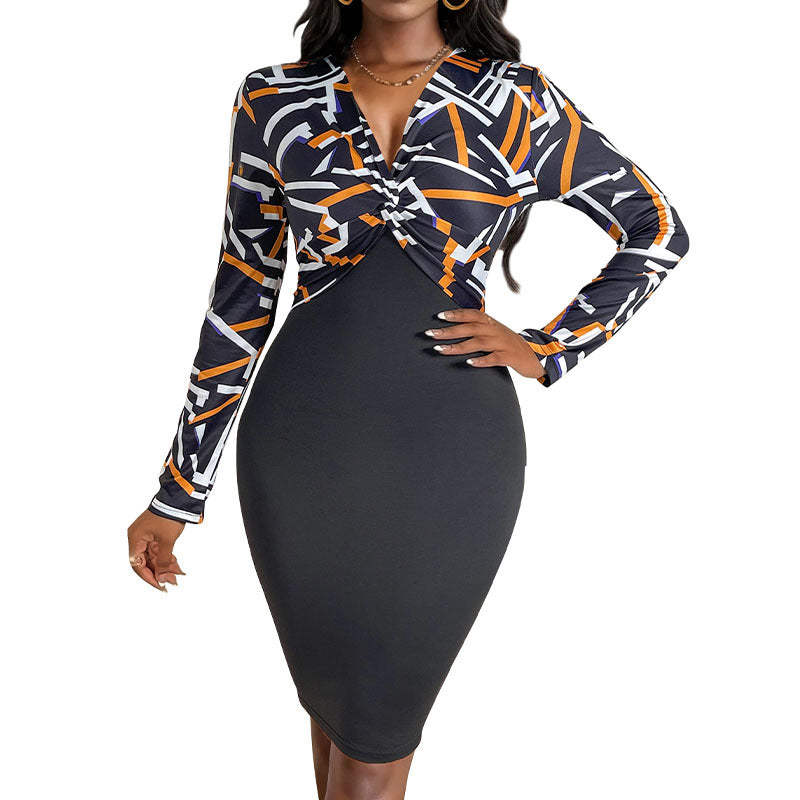 Women's Figure-hugging Wrap Dress with Graphic Print Top and Pencil Skirt Mune Fashion