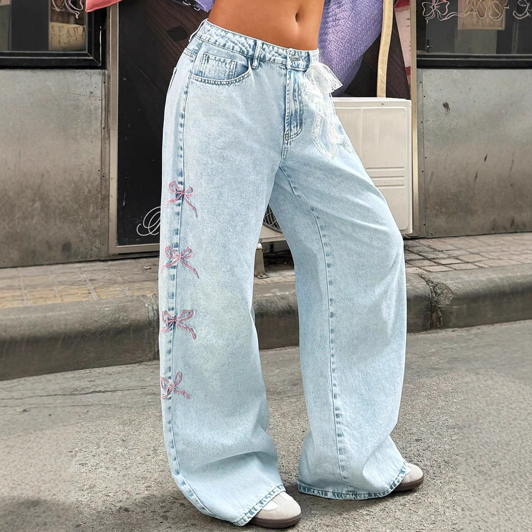 Ladies wide high-waist denim jeans with lace band belt and flared leg Mune Fashion