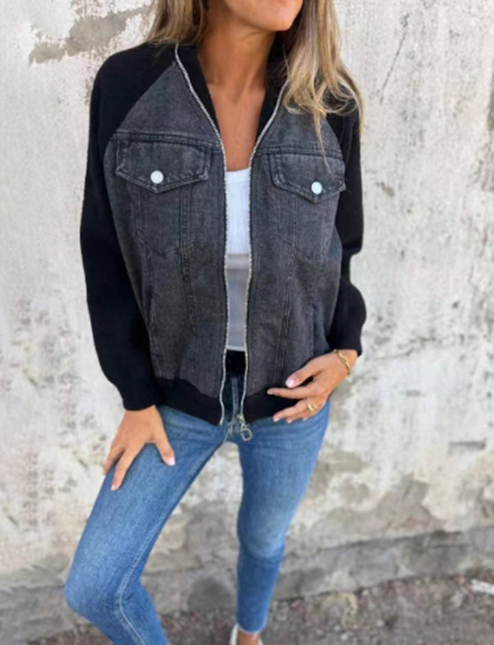 Women's Sweat-Jeans-Bomber Jacket with Raglan Sleeves, Breast Pockets, and Zipper Mune Fashion