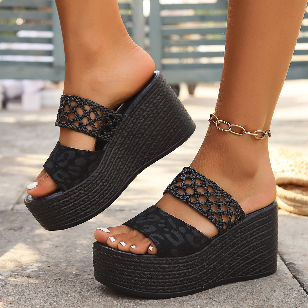 Women's flat platform slides with braided strap leopard pattern flip-flop and espadrille wedge heel Mune Fashion