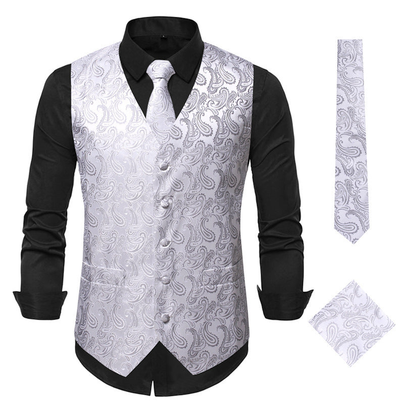 Men's Satin Jacquard Vest with Paisley Pattern and Matching Tie Mune Fashion