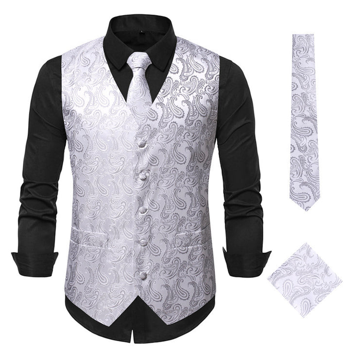 Men's Satin Jacquard Vest with Paisley Pattern and Matching Tie Mune Fashion