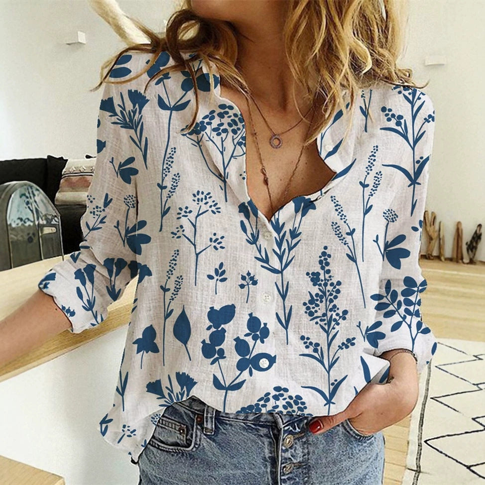 Women's loose linen-look blouse with V-neck botanical allover print and three-quarter sleeves Mune Fashion