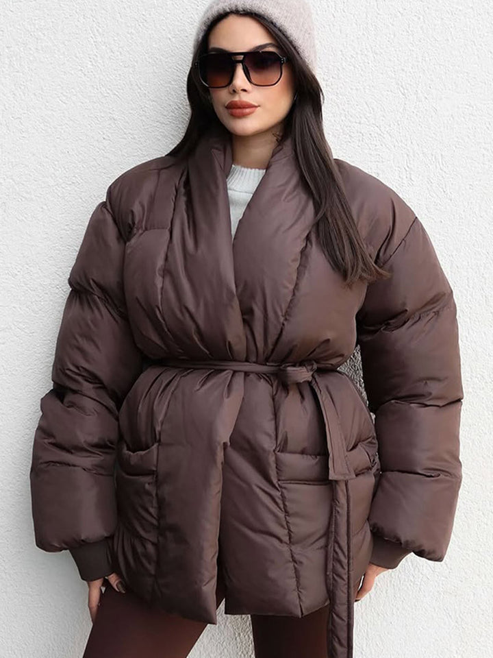 Women's Quilted Tailored Quilted Jacket with Shawl Collar and Tie Belt Mune Fashion