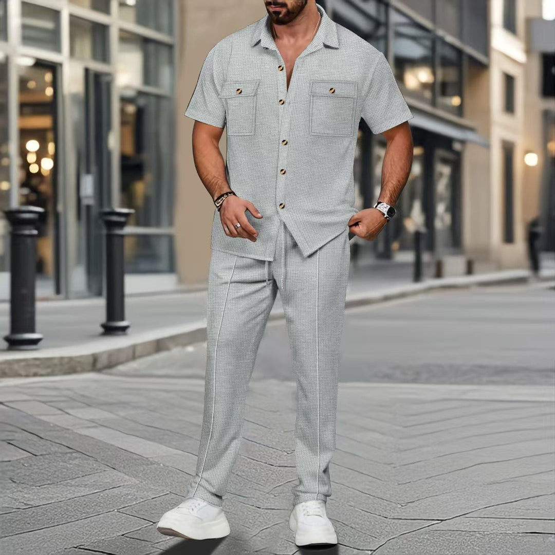 Men's casual lounge ensemble camp collar shirt with patch chest pockets and tapered drawstring pants Mune Fashion