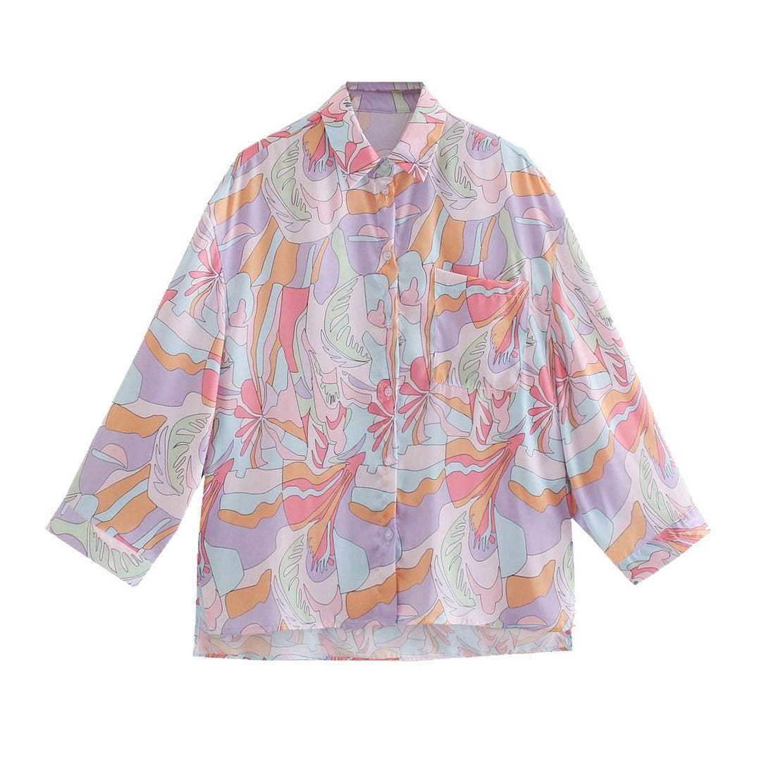 Women Oversize Shirt Blouse with Abstract Allover Print, Lightweight Chiffon Top, Long Sleeves Mune Fashion