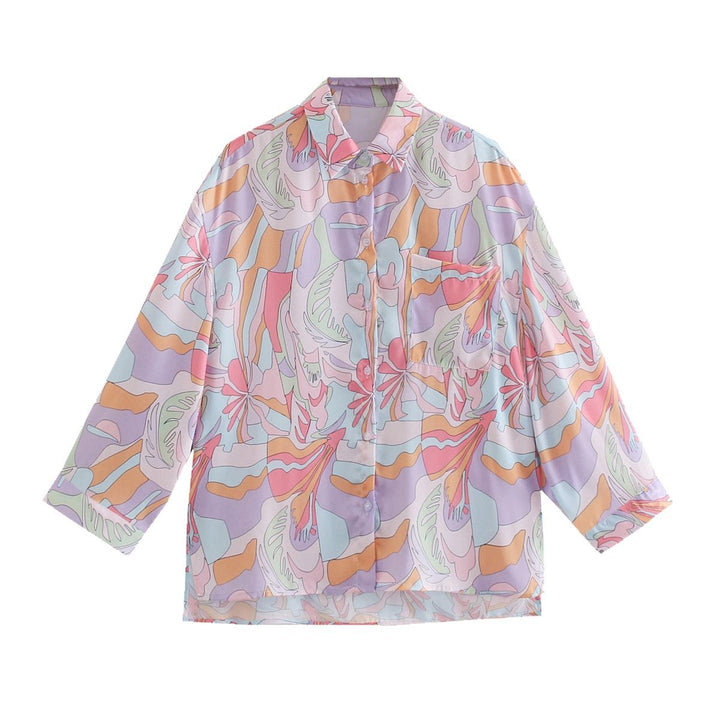 Women Oversize Shirt Blouse with Abstract Allover Print, Lightweight Chiffon Top, Long Sleeves Mune Fashion