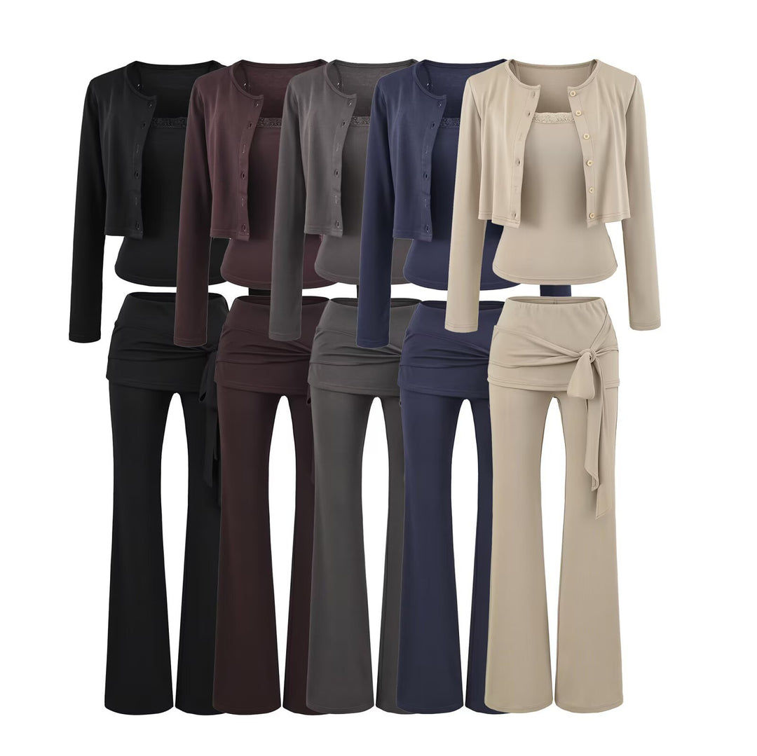 Women's three-piece lounge set with short button cardigan, lace top, and wrap flare pants Mune Fashion