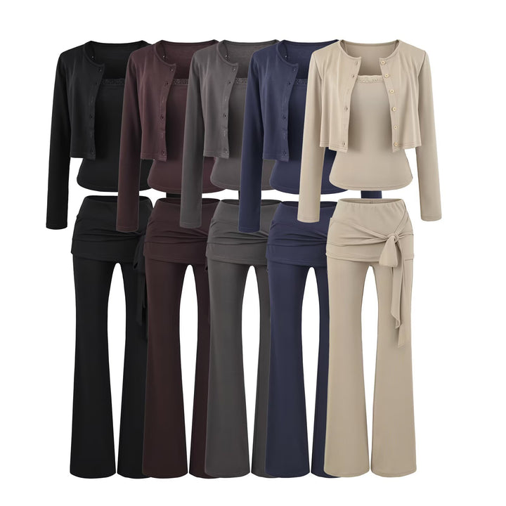 Women's three-piece lounge set with short button cardigan, lace top, and wrap flare pants Mune Fashion