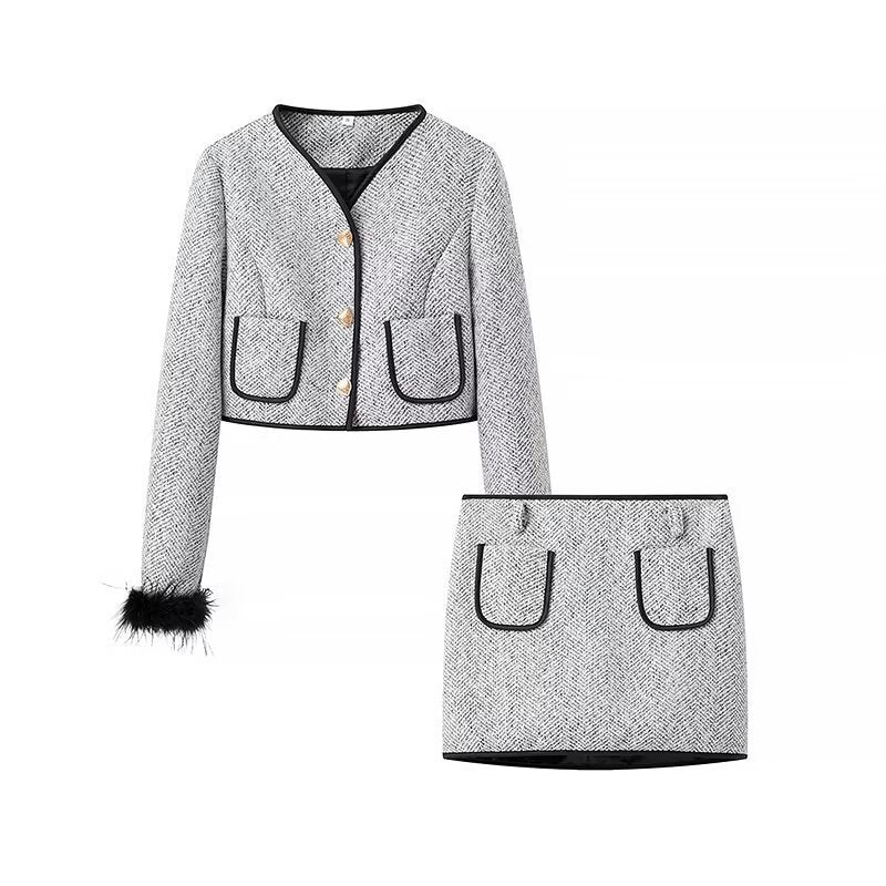 Women's Two-Piece Boucle Tweed Set with Short Blazer, Decorative Buttons and Mini Skirt Mune Fashion