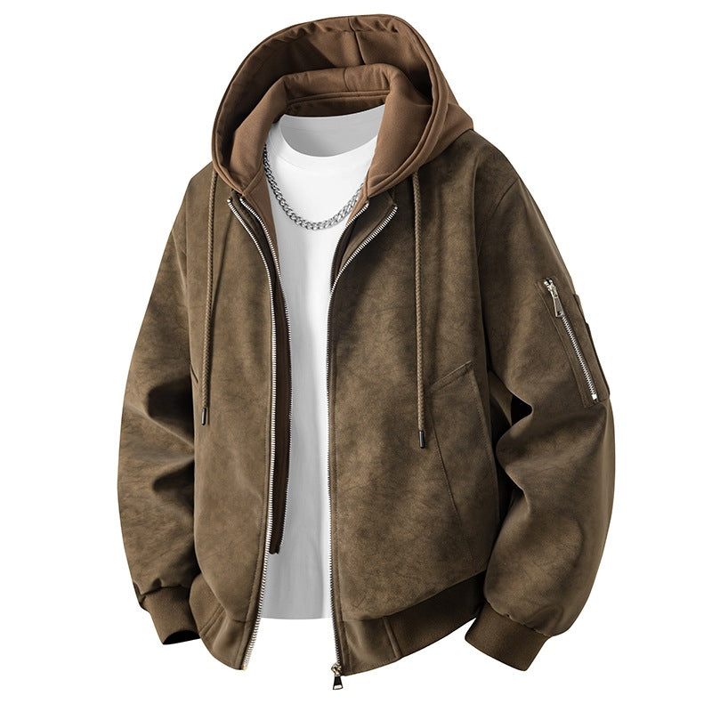 Men's velvet imitation transitional bomber-style jacket with stand-up collar, press stud fastening & elastic cuffs.