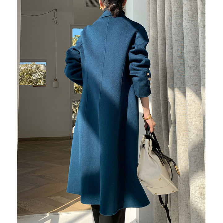 Women's tailored coat with shawl collar, figure-flattering A-line and decorative metal buttons Mune Fashion
