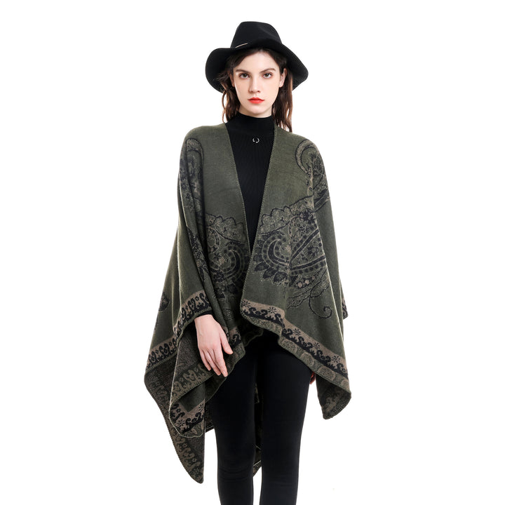 Women Oversize Knit Poncho with Paisley Pattern and Open Fall Mune Fashion