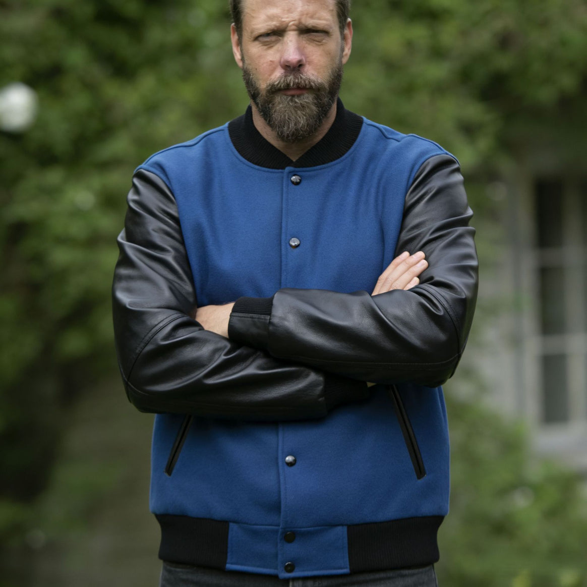 Men's College Bomber Jacket in Varsity Style with Wool Body and Leather Sleeves Mune Fashion