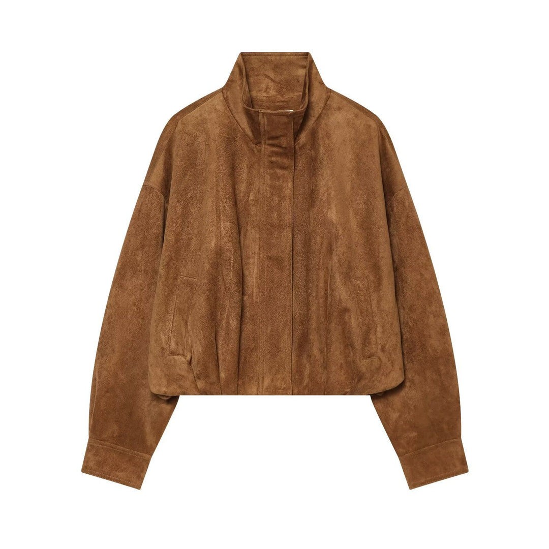 Women's short cut oversized suede bomber jacket with standing collar Mune Fashion