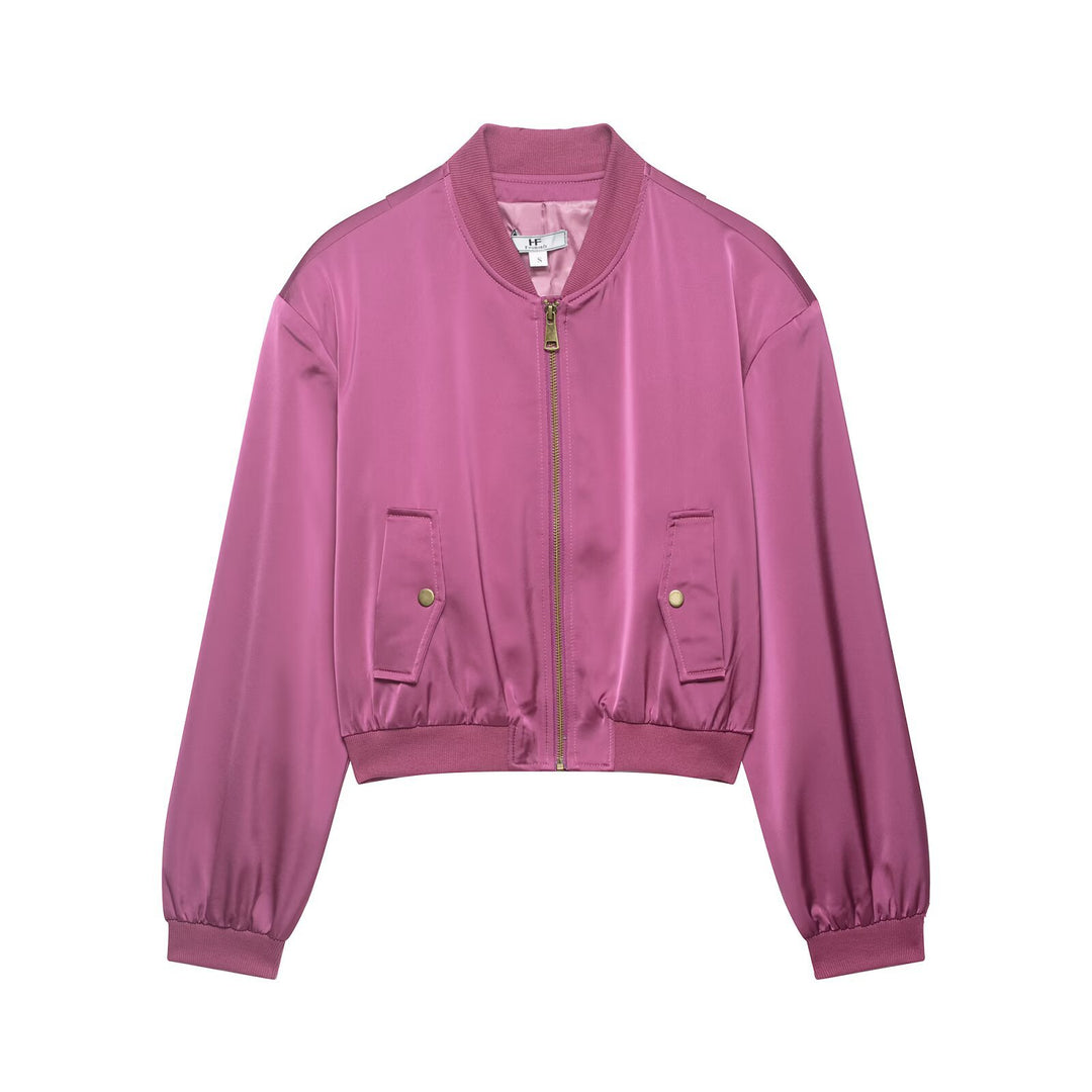 Women's Short Cut Satin Bomber Jacket with Ribbed Cuffs and Snap Button Pockets Mune Fashion