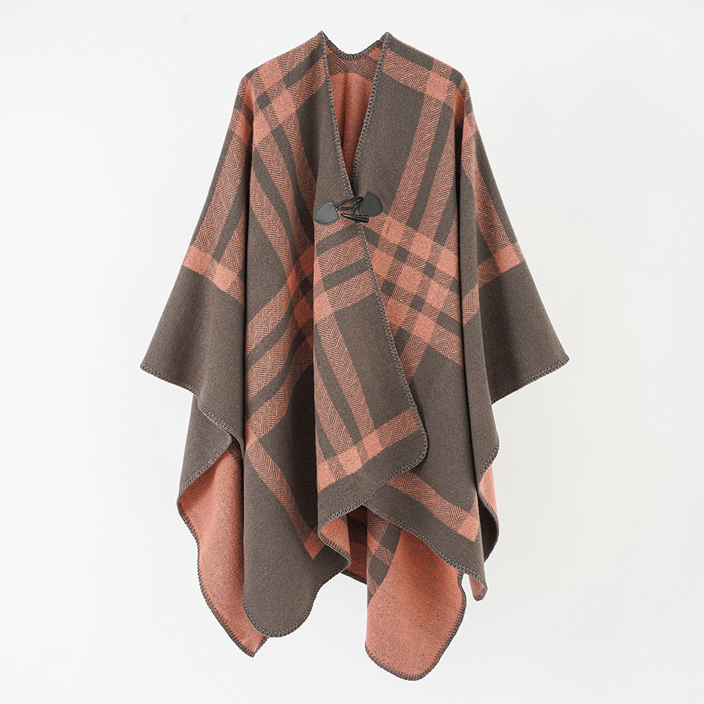 Women's Reversible Wool Blend Poncho with Toggle Closure and Check Pattern Mune Fashion