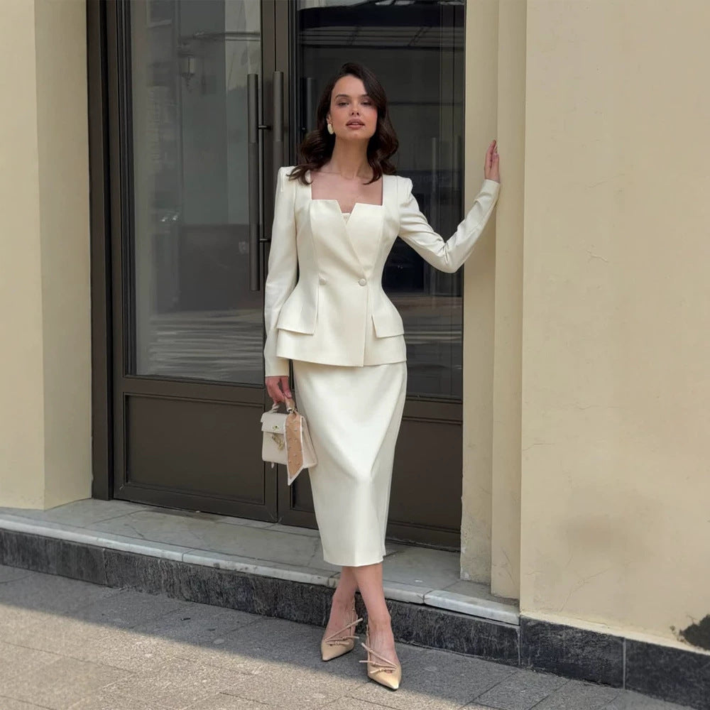 Women Fitted Suit Set with Distinct Angular Neckline and Peplum Mune Fashion