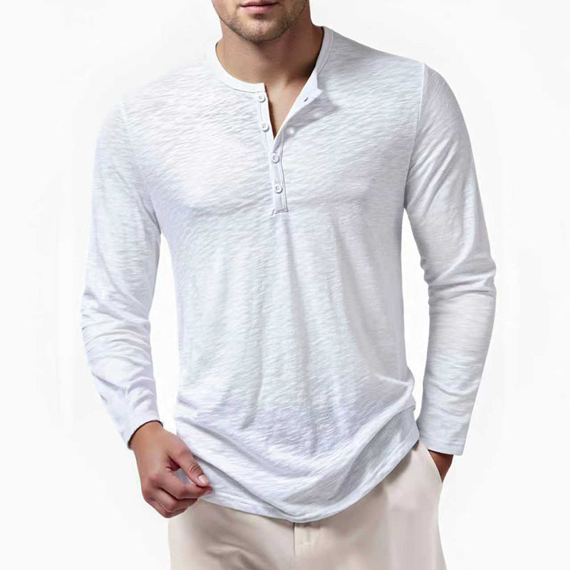 Men's Slim-Fit Henley Long Sleeve Shirt with Short Button Closure and Rounded Hem Mune Fashion