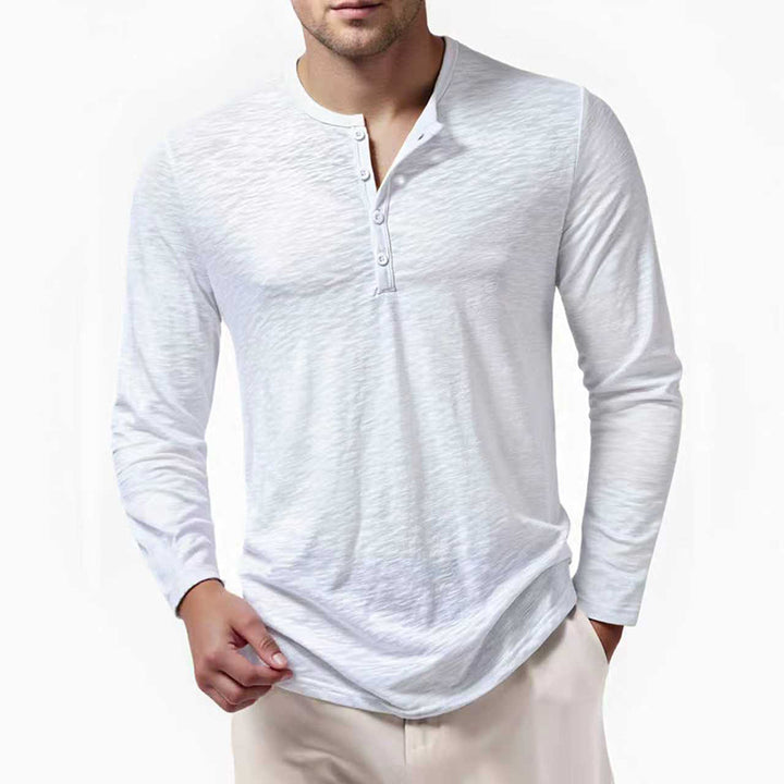 Men's Slim-Fit Henley Long Sleeve Shirt with Short Button Closure and Rounded Hem Mune Fashion