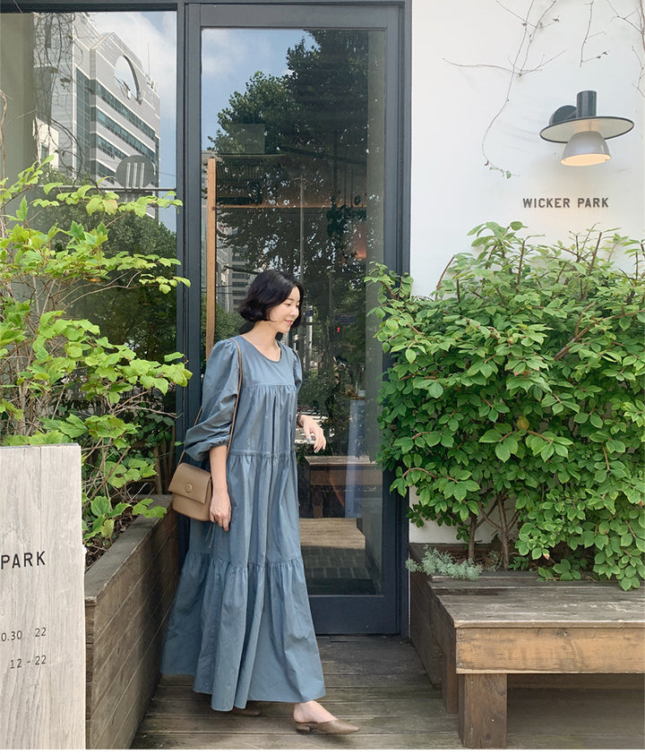 Women's Long Tiered Dress with Balloon Sleeves and Drawstring Mune Fashion