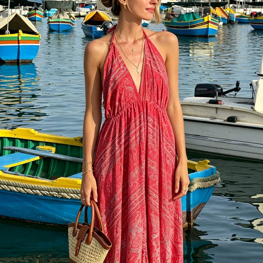 Women’s Boho Maxi Dress with Neck Band, Backless Cut and Ruffle Trim