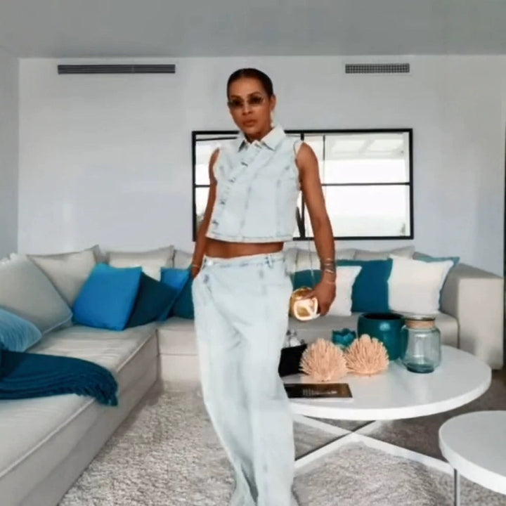 Women's Cropped Sleeveless Denim Set with Tailored Vest & Wide High-Waist Pants Mune Fashion