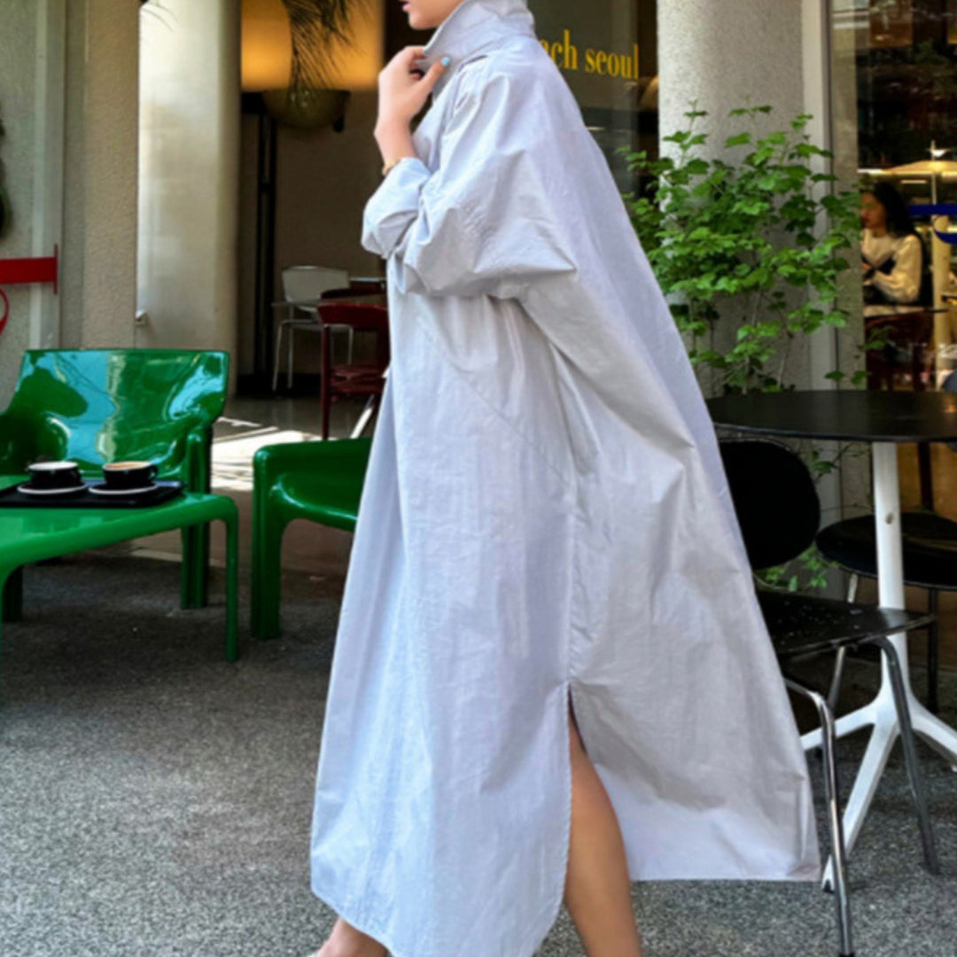 Women Flowing Oversized Shirt Dress with Kent Collar, Kimono Sleeves and Side Slits Mune Fashion