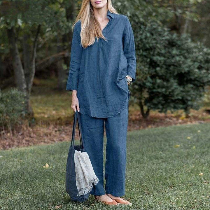 Women's Linen Loungewear Set with Loose Tunic Shirt and Relaxed Palazzo Pants Mune Fashion