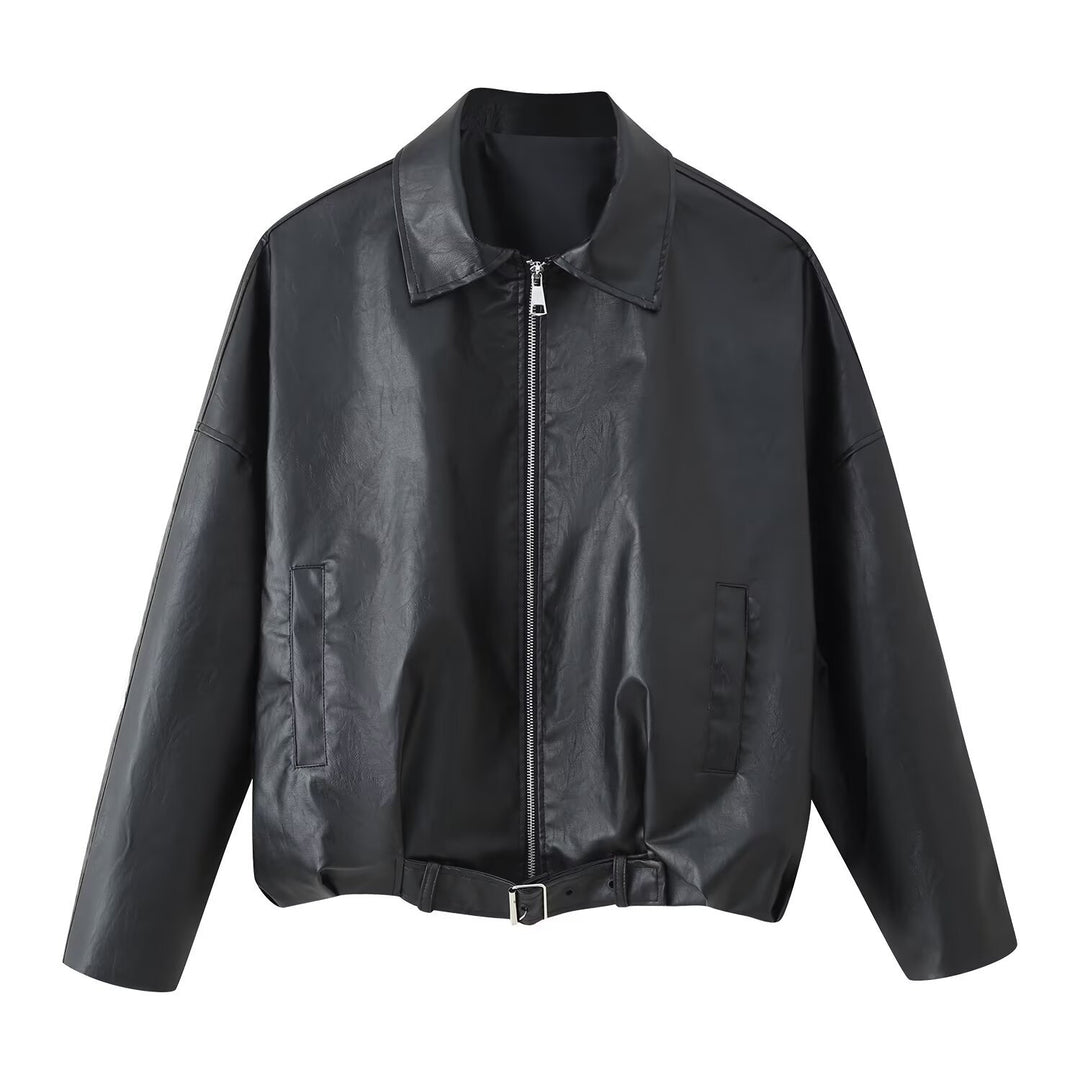 Women's Oversized Faux Leather Bomber Jacket with Belt and Shirt Collar Mune Fashion
