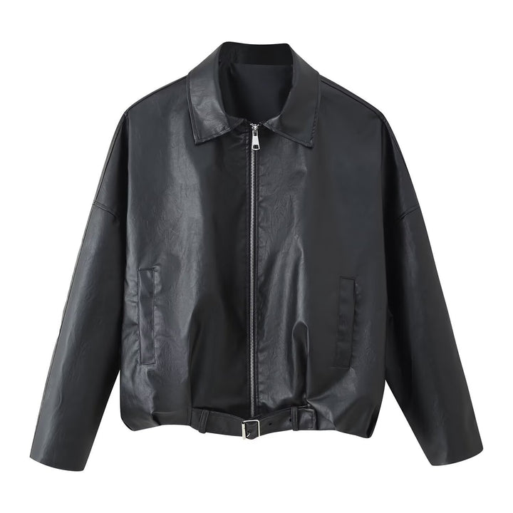 Women's Oversized Faux Leather Bomber Jacket with Belt and Shirt Collar Mune Fashion